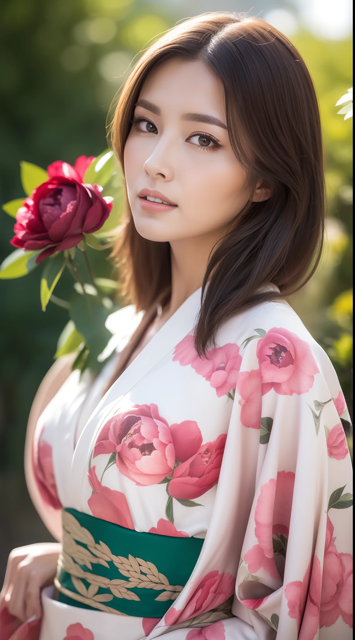 （Kimono made of peonies，lots of roses），Contemporary art，Complex design，top-quality，8K，tmasterpiece：1.3，Clear focus：1.2，Beautiful Women in Perfect Figure：1.4，Highly Detailed Face and Skin Textur，Detailed eyes，cparted lips，Coiled hair，fully body photo，