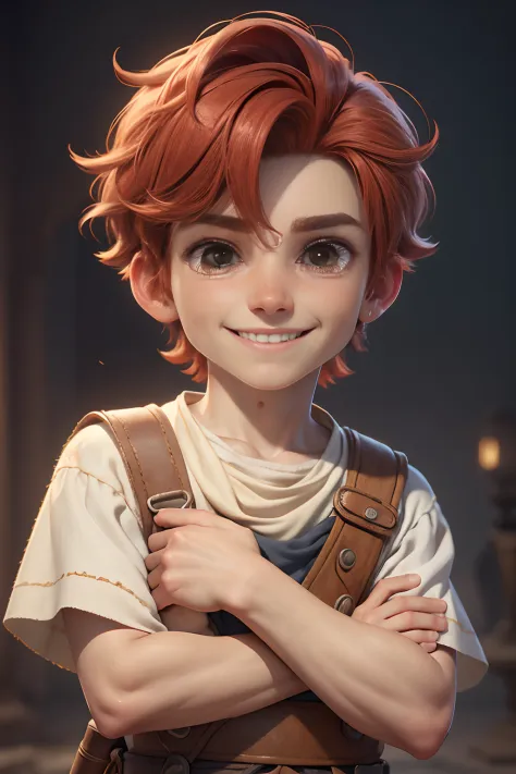 Pixar's cartoon style: A ten-year-old red-haired boy is poor in poor clothes, in different historical epochs:  Ancient World - Egypt, Greece, Germany, Russia. Smiling broadly. a closeup of a. blurred background. Light haze.