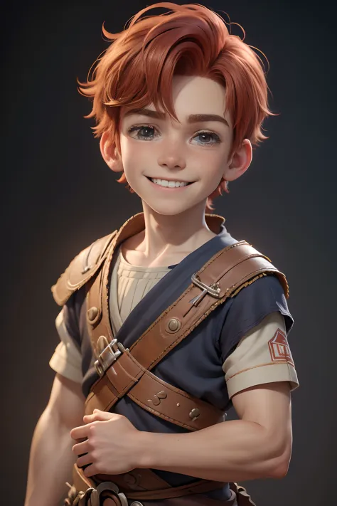 Pixar's cartoon style: A ten-year-old red-haired boy is poor in poor clothes, in different historical epochs:  Ancient World - Egypt, Greece, Germany, Russia. Smiling broadly. a closeup of a. blurred background. Light haze.