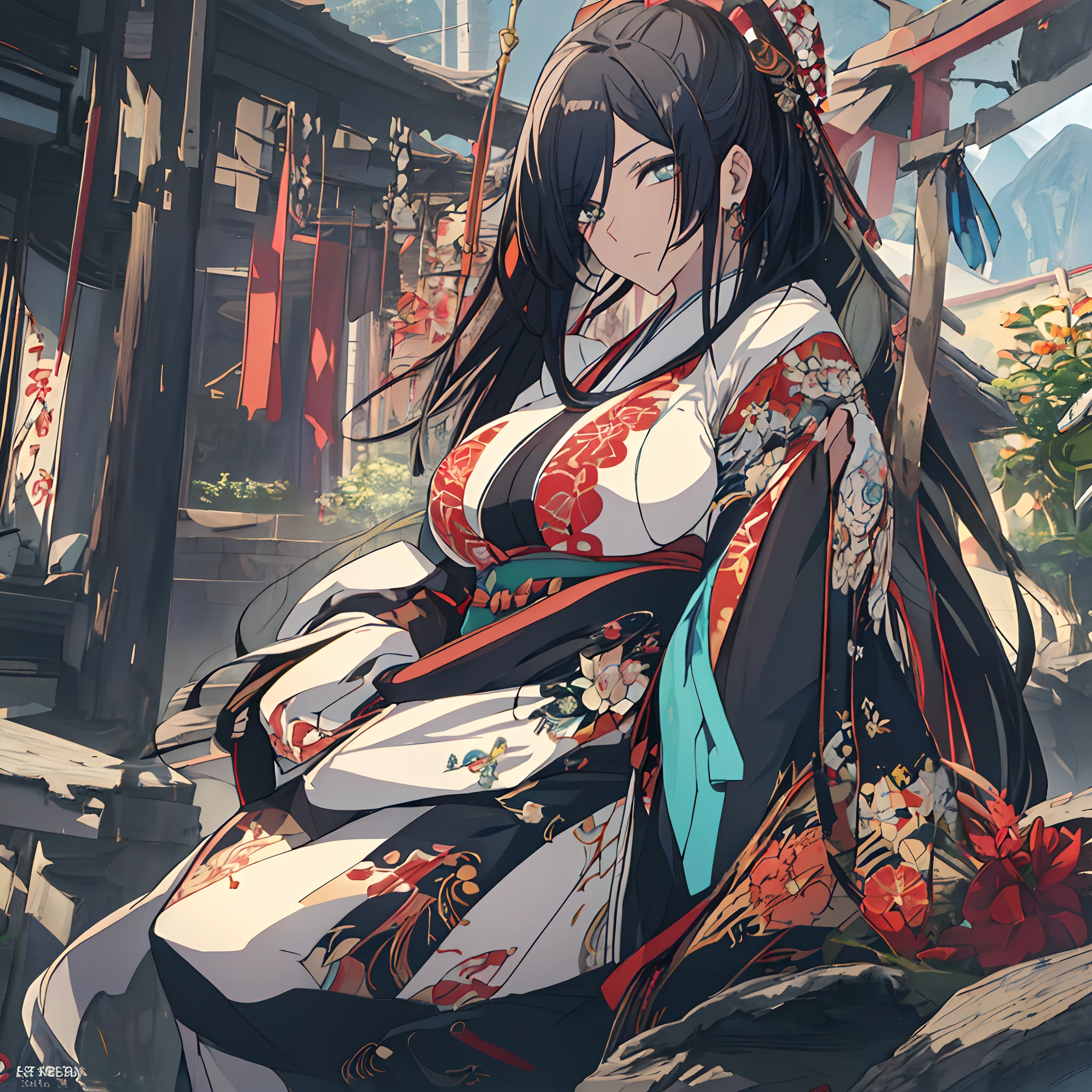 (Best Quality,4K,8K,hight resolution,masutepiece:1.2),Ultra-detailed,,beautiful character painting,The art of white Japan,Shrine of Japan,epic exquisite character art,Stunning character art,Beautiful woman,((beautiful and very large breasts,Beautiful detailed eyes,Blue black hair))