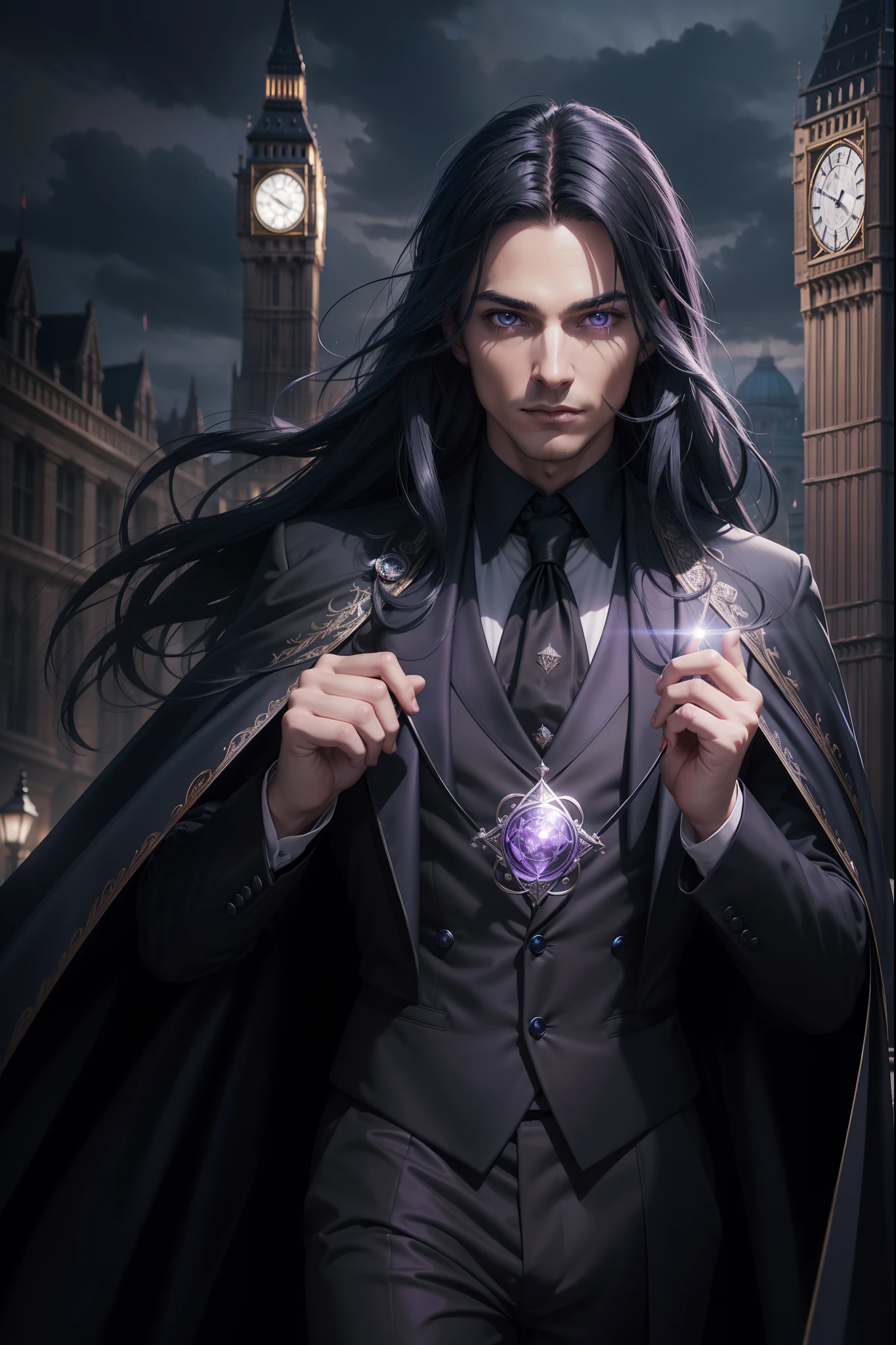 (((Masterpiece))), top quality, male magician in London, super detailed, magical and intelligent, wearing a gothic black suit and cape, grey skin, very long dark blue hair, illuminesent violet eyes, London city background, ((solo)), centered, studio lighting,