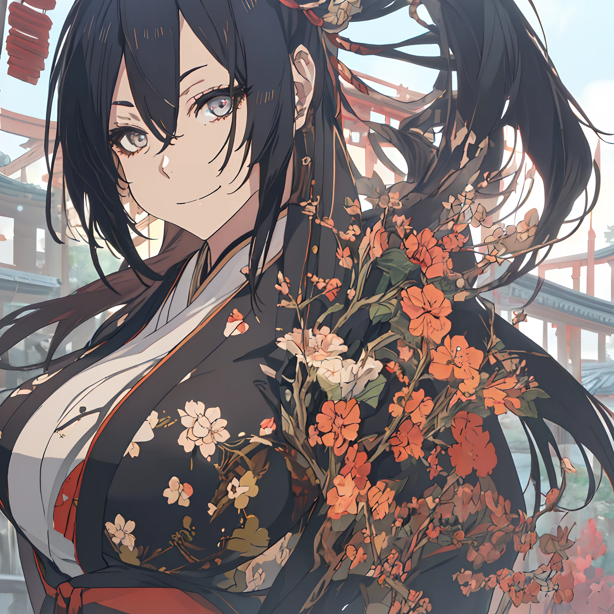 (Best Quality,4K,8K,hight resolution,masutepiece:1.2),Ultra-detailed,,beautiful character painting,The art of white Japan,Shrine of Japan,epic exquisite character art,Stunning character art,Beautiful woman,((smil、beautiful and very large breasts,Beautiful detailed eyes,Blue black hair))