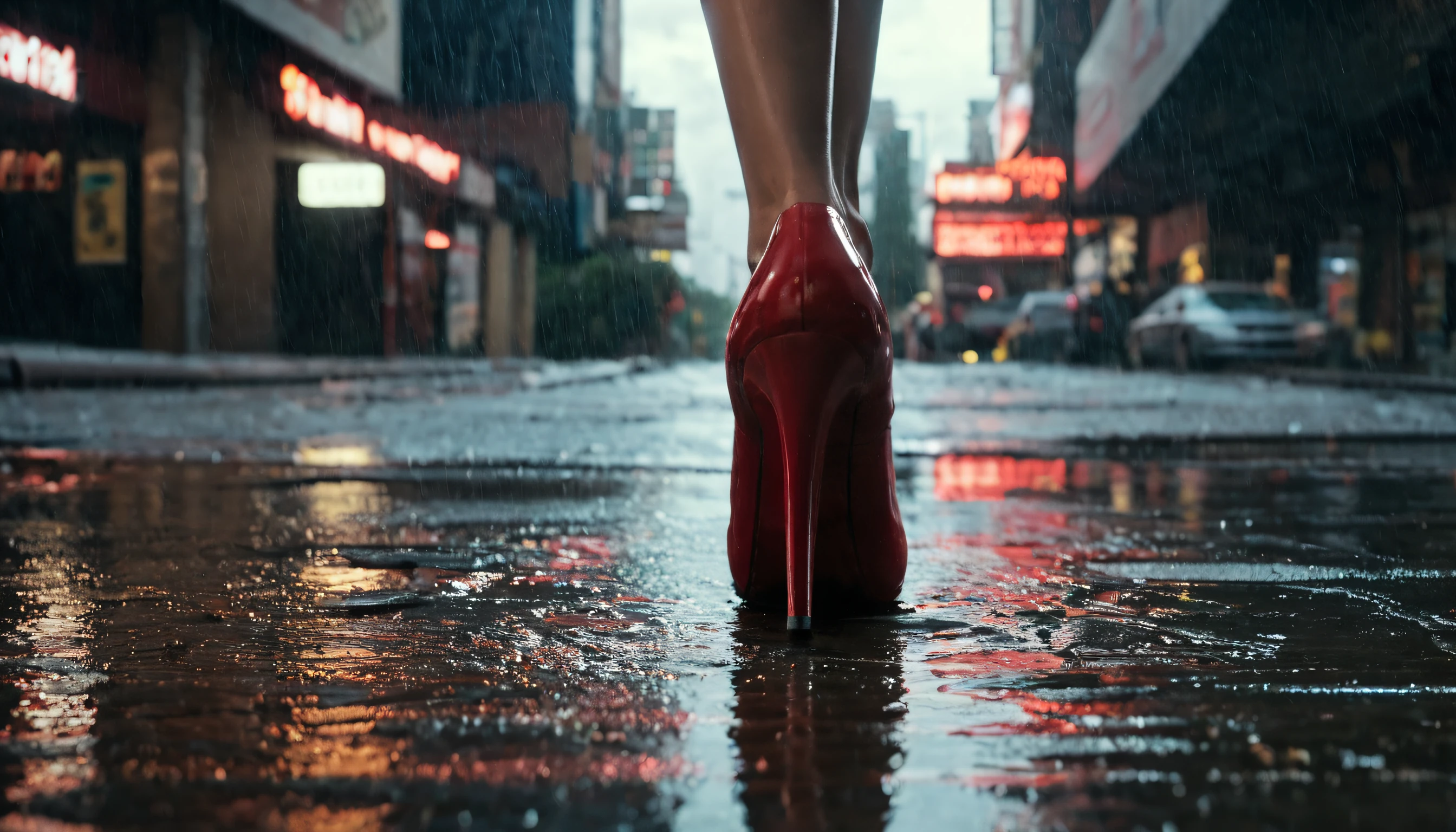 AWARD-WINNING PROFESSIONAL PHOTOGRAPHY, National Geographic, down on the ground view, busy Broadway blvd street at night, drain draining rain , close up of an empty white cigarette pack floating into a sewer grate of a downtown New York City in 2050 after a rainy night, a woman in black dress wearing with Leboutin  shoes heel red shoes walking over the drain, , hyper-realistic, Cyberpunk, cinematic scene, Cityscape, morose, neon-lit, View from above at night during heavy rains, Reflective wet streets, photorealistic, Extremely well done, Arri Alexa LF, Objectif 14mm, Light streaks, DOF, Lens Flares, 8k, Hdr, volumeric lighting, Lens Flares,Intricate details, raw