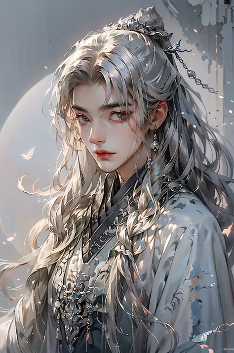 (extreamly delicate and beautiful:1.2), 8K, (tmasterpiece, best:1.0), , (LONG_silver_HAIR_MALE:1.5), Upper body body, a long_hai...