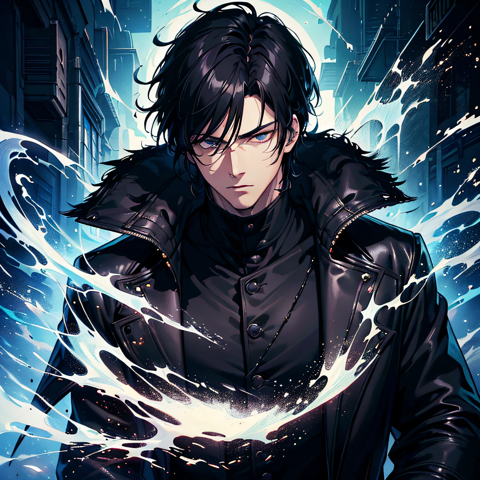 (best quality digital art digital illustration 4k high resolution beautiful image hyperdetailed image perfect lines dark lighting, night environment) (1:1 photorealistic) (heavy colors hdr 1.4) Art Manhwa epic focus on 1 young 28 year old man very handsome eyes black people black hair cold expression black clothes black leather overcoat destroyed scenery