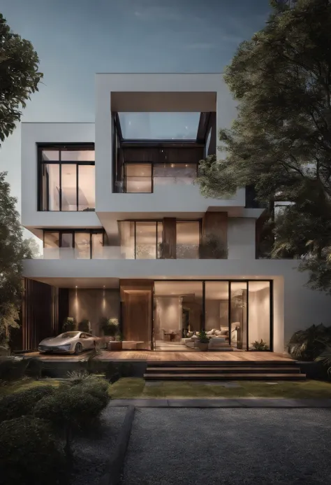 Villa design, straight front view, modern style, many trees, straight view of the building, street, combination of white walls, glass and wood, sparkling