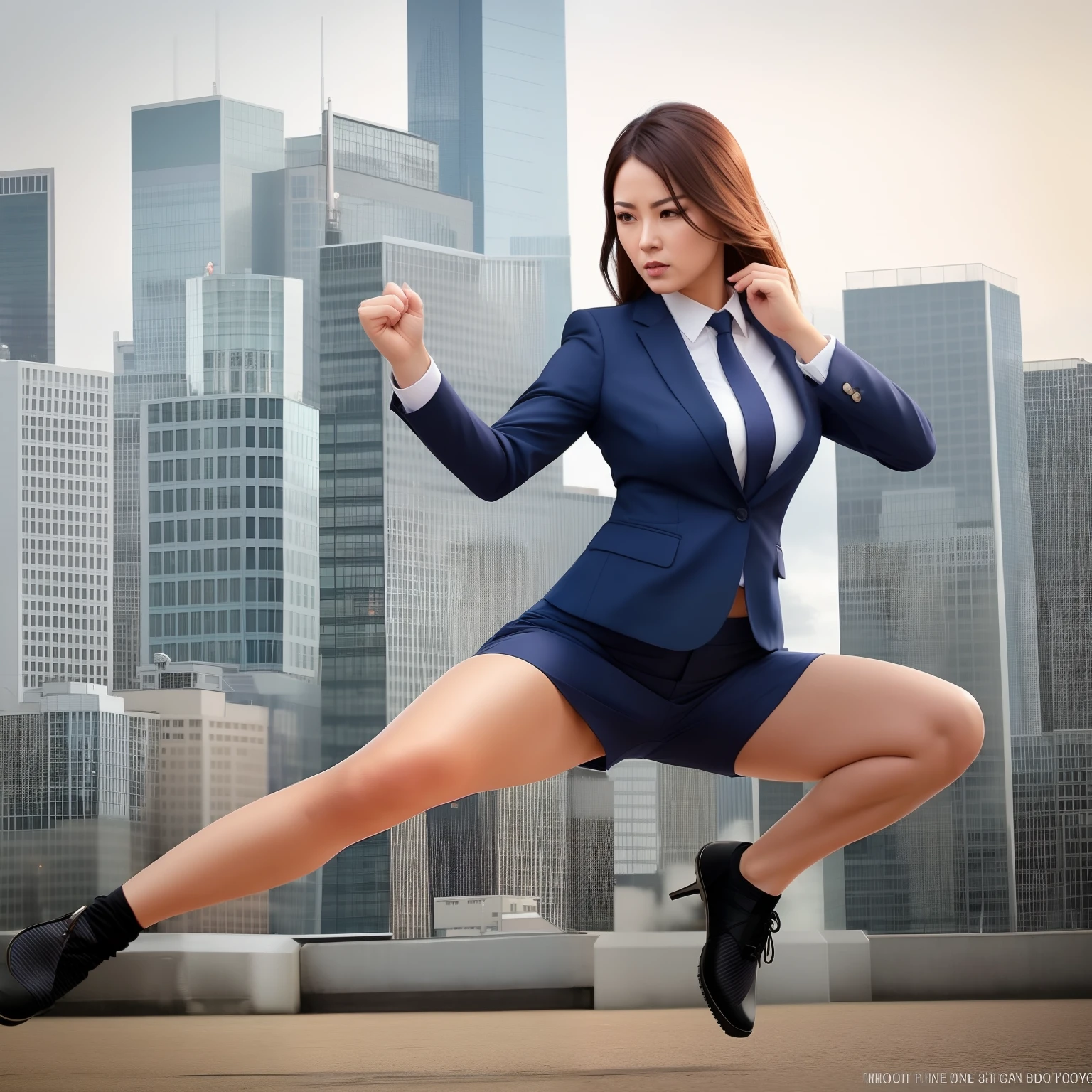 Woman in business suit kicking in front of city, confident action pose, dramatic powerful pose, powerful stance, in an action pose, dramatic action pose, power pose, aggressive pose, in a fighting pose, in a fighting stance, Powerful Pose, striking a pose, Motivated, cool marketing photo, Wearing a strict business suit, Glamour Action Poses, martial art pose