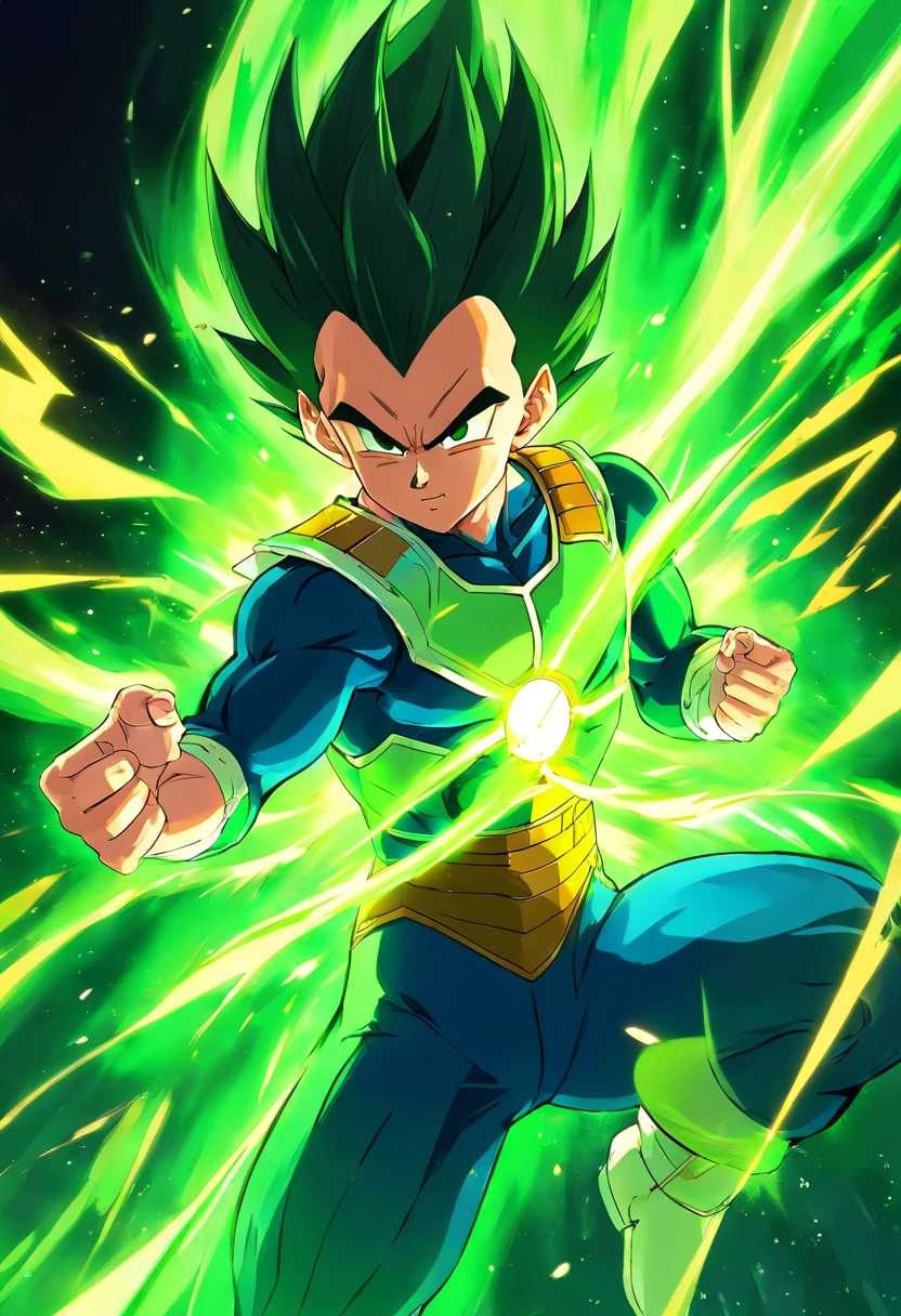 A cartoon of a young gohan with green lights - SeaArt AI