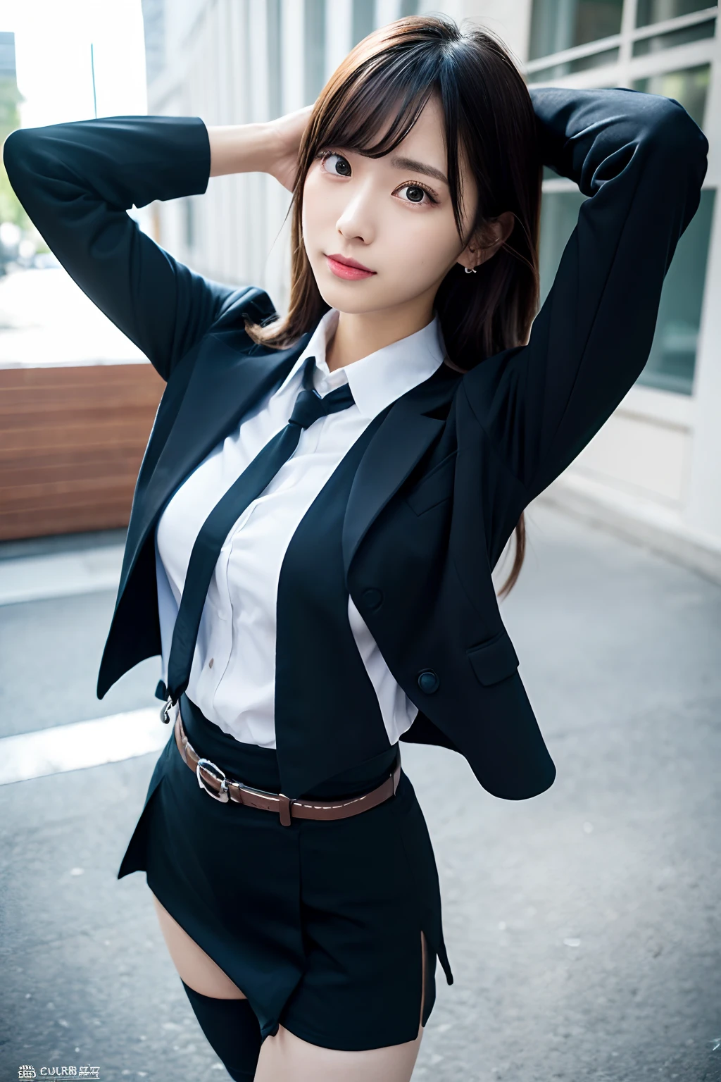 Arafed asian woman in a black suit and white shirt posing - SeaArt AI