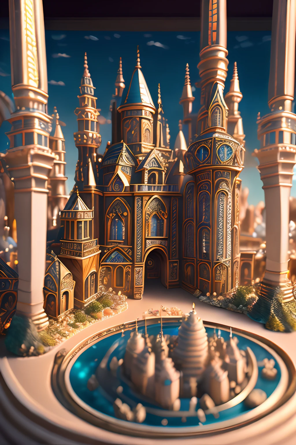 (Best quality,4K,8K,A high resolution,Masterpiece:1.2),Ultra-detailed,(Realistic,Photorealistic,photo-realistic:1.37),Fantasy world,Enchanted,Imaginative and fictional,Showcase a landscape where medieval and futuristic civilizations converge,Ceramic craftsmanship,Intricate and detailed glass castle.Details upgraded