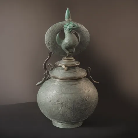 There is a green bronze，There is a dragon handle on it, Dongsen bronzes, museum artifact, ancient chinese ornate, with dong son bronze artifacts, author：Wen Boren, year 2447, Maya, Wu Liu, year 3022, Chinese art, shui mo hua, An ancient, author：Phyllis Bor...