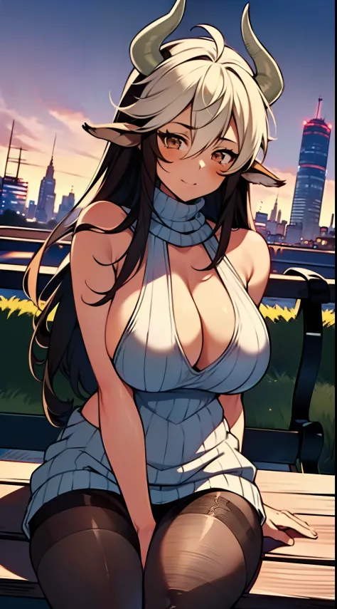 masterpiece, best quality, extremely detailed, anime art style, 1girl, mature female, solo, (dark-skinned female), (gigantic breasts), ((two tone hair, long hair, brown eyes, cow ears, cow horns)), parted lips, (((virgin killer sweater, black pantyhose))),...