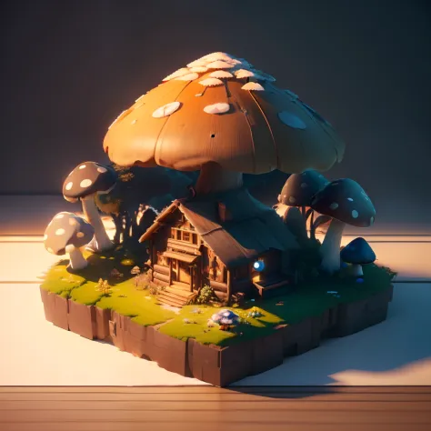 Masterpiece, Best quality, (Extremely detailed Cg Unity 8K wallpaper), (Best quality), (Best Illustration), (Best shadow), Alimentari，Mushroom hut， Isometric 3D, rendering by octane,Ray tracing,Ultra detailed
