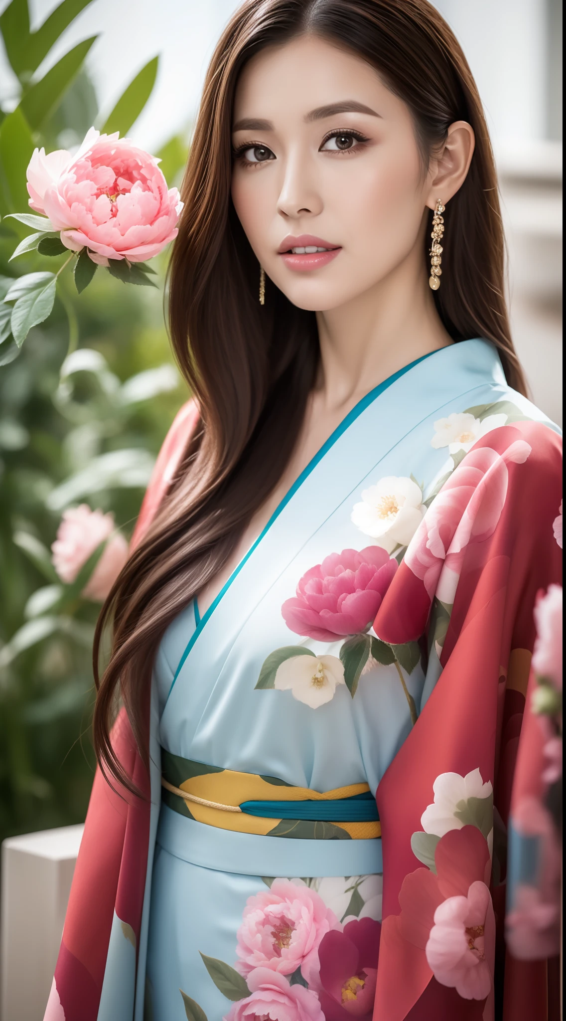 （Kimono made of peonies，lots of roses），Contemporary art，Complex design，top-quality，8K，tmasterpiece：1.3，Clear focus：1.2，Beautiful Women in Perfect Figure：1.4，Highly Detailed Face and Skin Textur，Detailed eyes，cparted lips，Coiled hair，fully body photo，