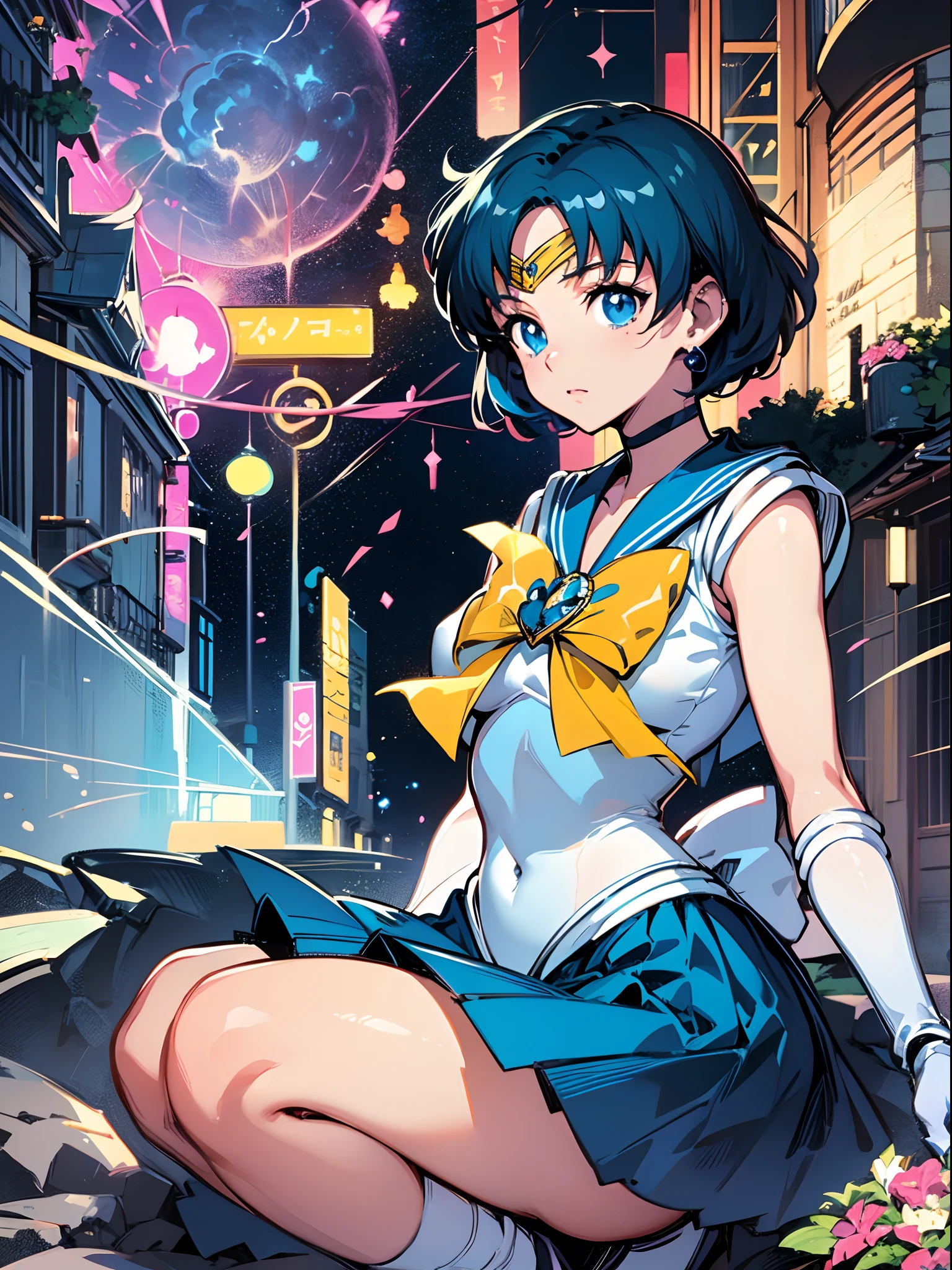 Anime Character (small tits) sailormoon、Sailor Mercury, pixiv 3dcg,  anime moe art style, biomechanics oppai, Highest rank in pixiv, Best Quality, 8K HD, Crouching down and looking at us