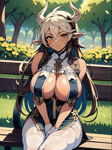 masterpiece, best quality, extremely detailed, anime art style, 1girl, mature female, solo, (dark-skinned female), (gigantic breasts), ((two tone hair, long hair, brown eyes, cow ears, cow horns)), parted lips, (((ahqipao, breast curtains, elbow gloves, wh...