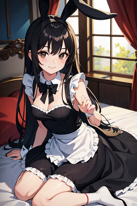 1 girl, long black hair, bunny ears, maid costume, sultry pose, smiling, black eyes, sitting on the bed