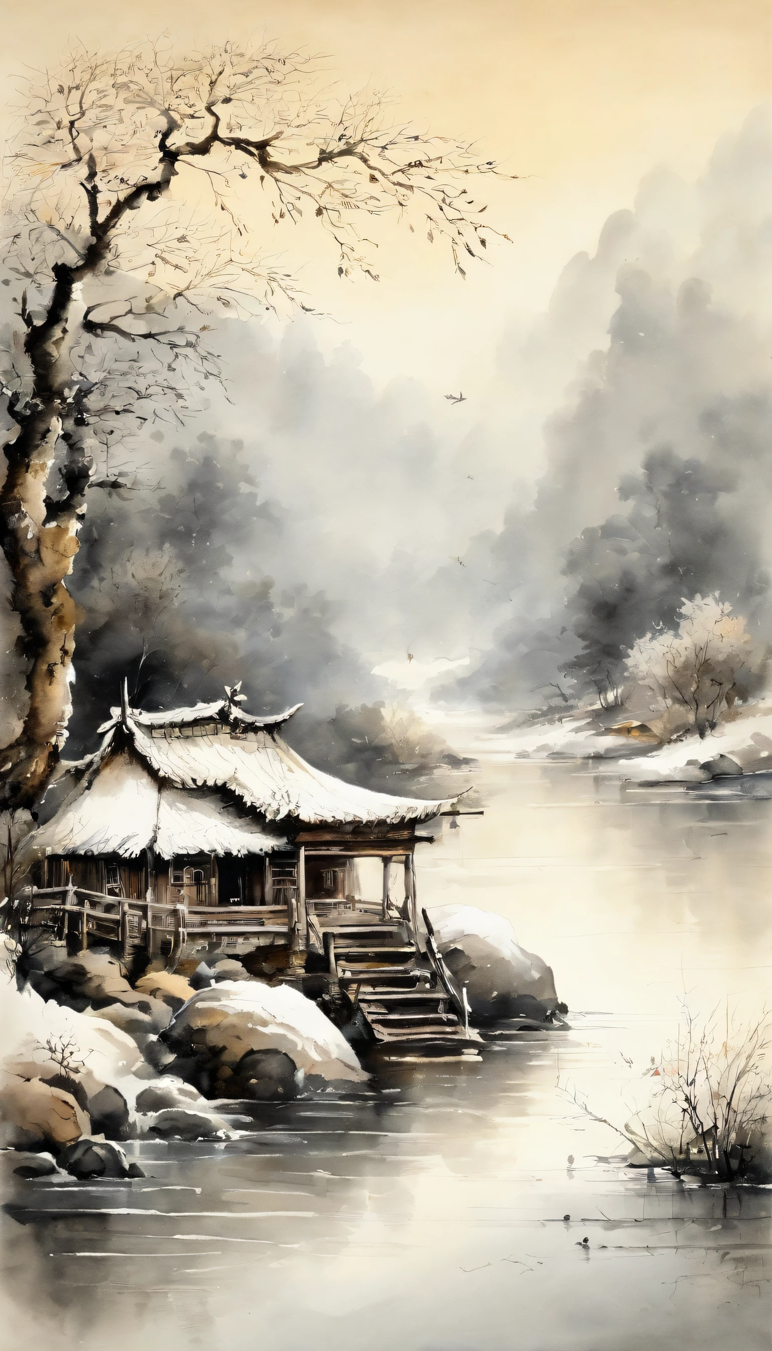 Painting of a chinese house on a snowy lake with a tree SeaArt AI