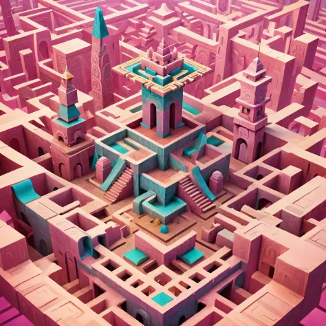 monument valley，Labyrinth of magical castles，Lost treasures，Geometric space，Unordered regular three-dimensional pattern，Ancient totem poles，Tall monument，Intricate staircase,Pink space，geomerty，Paradox geometry,