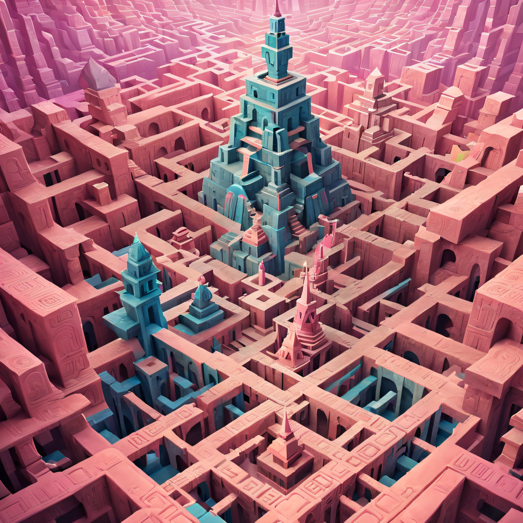 monument valley，Labyrinth of magical castles，Lost treasures，Geometric space，Unordered regular three-dimensional pattern，Ancient totem poles，Tall monument，Intricate staircase,Pink space，geomerty，Paradox geometry,