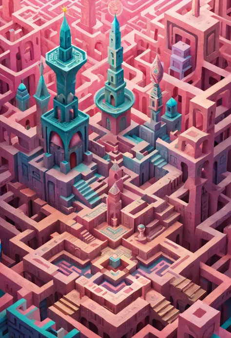 monument valley，Labyrinth of magical castles，Lost treasures，Geometric space，Unordered regular three-dimensional pattern，Ancient totem poles，Tall monument，Intricate staircase,Pink space，geomerty，Paradox geometry,
