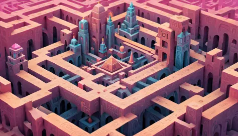 monument valley，Labyrinth of magical castles，Lost Treasure，Geometric space，Unordered regular three-dimensional pattern，Ancient totem poles，Tall monument，Intricate staircase,Pink space，geomerty，Paradox geometry,