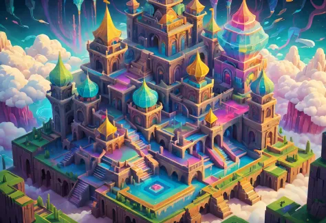 Transparent castle close-up，There is treasure on it, There are a lot of stairs and mechanisms inside，Intricate staircase，Sparkling treasure，A castle built with blocks，isometric view of a wizard tower, isometric palace, cyberpunk castle, Isometric 3D fantas...