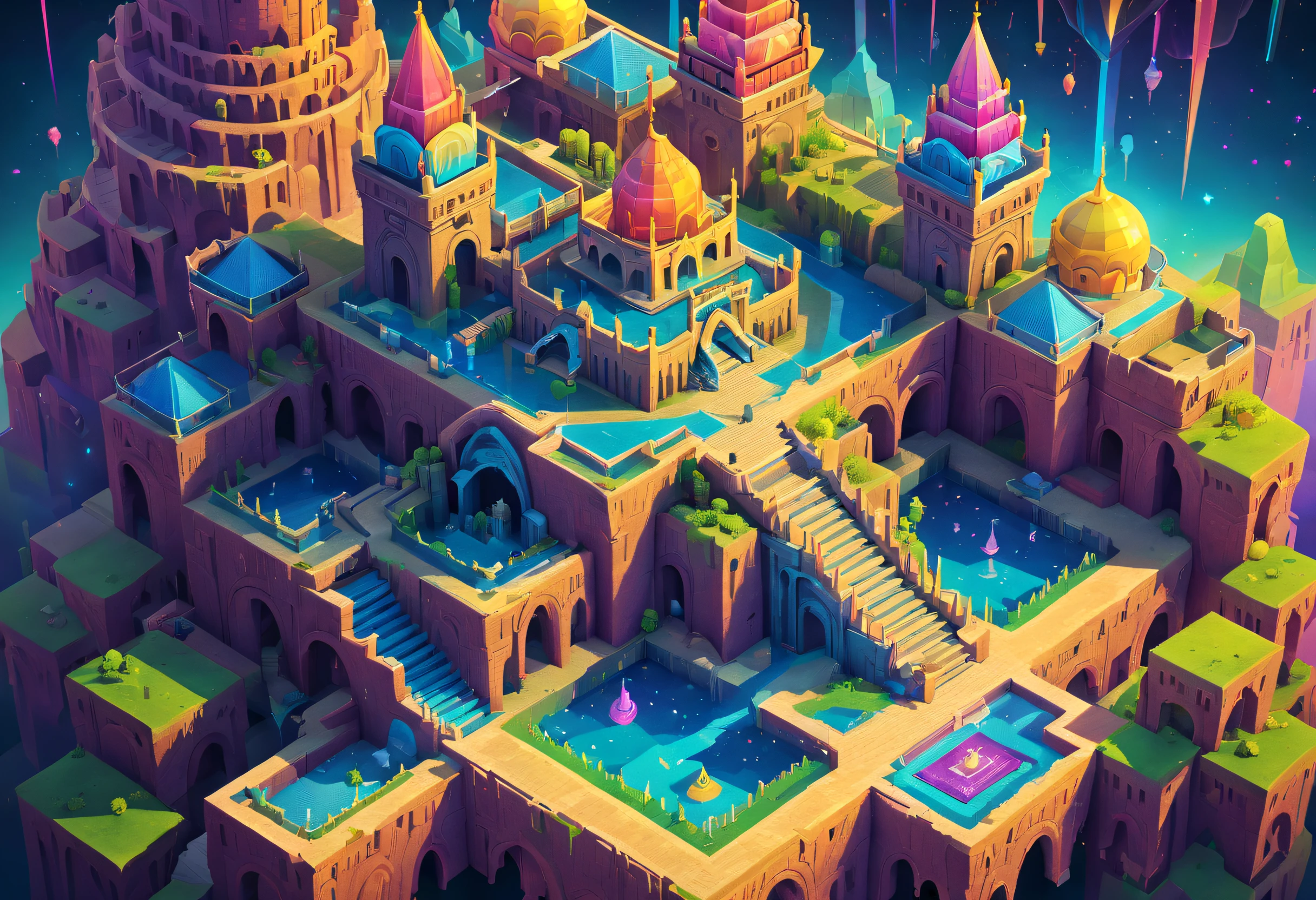 Transparent castle close-up，There is treasure on it, There are a lot of stairs and mechanisms inside，Intricate staircase，Sparkling treasure，A castle built with blocks，isometric view of a wizard tower, isometric palace, cyberpunk castle, Isometric 3D fantasy, colourful biomorphic temple, intricate rainbow environment, Floating palace, Neon ancient ruins, isometric island in the sky, Cloud Palace, Sacred City | illustration, colorful concept art, incredible isometric screenshot，absurderes，It's ridiculous，ultra-realistic realism，tmasterpiece，high qulity，UHD resolution，16k，realisticlying，Very realistic，Epic fairy tale fantasy，Epic futuristic fantasy，Epic surrealism，Monument Valley style, isometric game art, detailed game art illustration, Isometric art, Isometric 3D game art, Neon ancient ruins, incredible isometric screenshot, Art Station Geometry, Detailed game art, isometric voxel art, beeple daily art, 4K detailed digital art