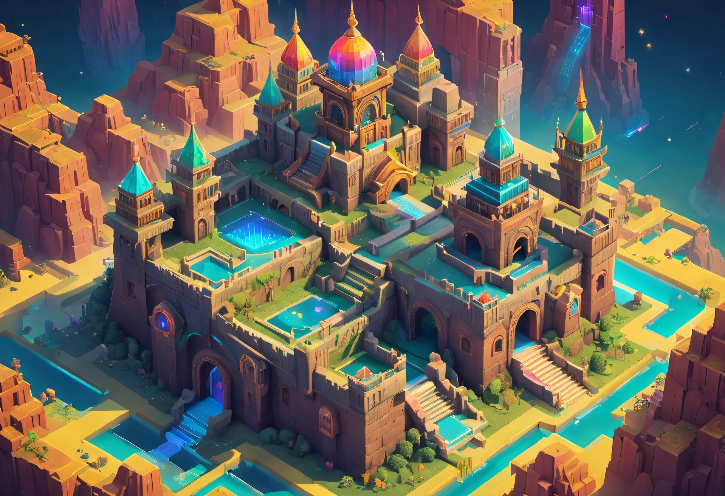 Transparent castle close-up，There is treasure on it, There are a lot of stairs and mechanisms inside，Intricate staircase，Sparkling treasure，A castle built with blocks，isometric view of a wizard tower, isometric palace, cyberpunk castle, Isometric 3D fantasy, colourful biomorphic temple, intricate rainbow environment, Floating palace, Neon ancient ruins, isometric island in the sky, Cloud Palace, Sacred City | illustration, colorful concept art, incredible isometric screenshot，absurderes，It's ridiculous，ultra-realistic realism，tmasterpiece，high qulity，UHD resolution，16k，realisticlying，Very realistic，Epic fairy tale fantasy，Epic futuristic fantasy，Epic surrealism，Monument Valley style, isometric game art, detailed game art illustration, Isometric art, Isometric 3D game art, Neon ancient ruins, incredible isometric screenshot, Art Station Geometry, Detailed game art, isometric voxel art, beeple daily art, 4K detailed digital art