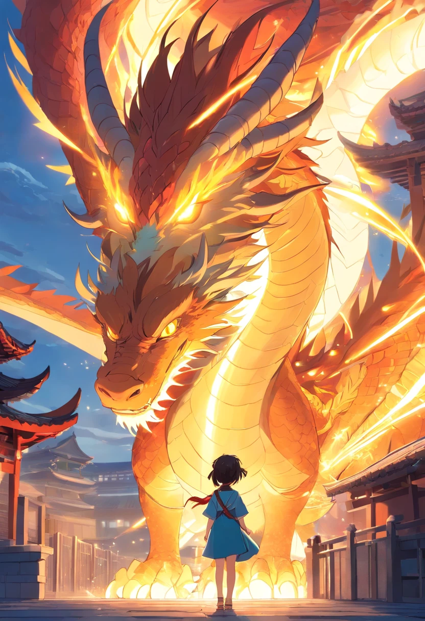 Giant Chinese dragon，Looking at the little girl standing in front of her，downy，rays of sunshine，Breeze 1, NSFW