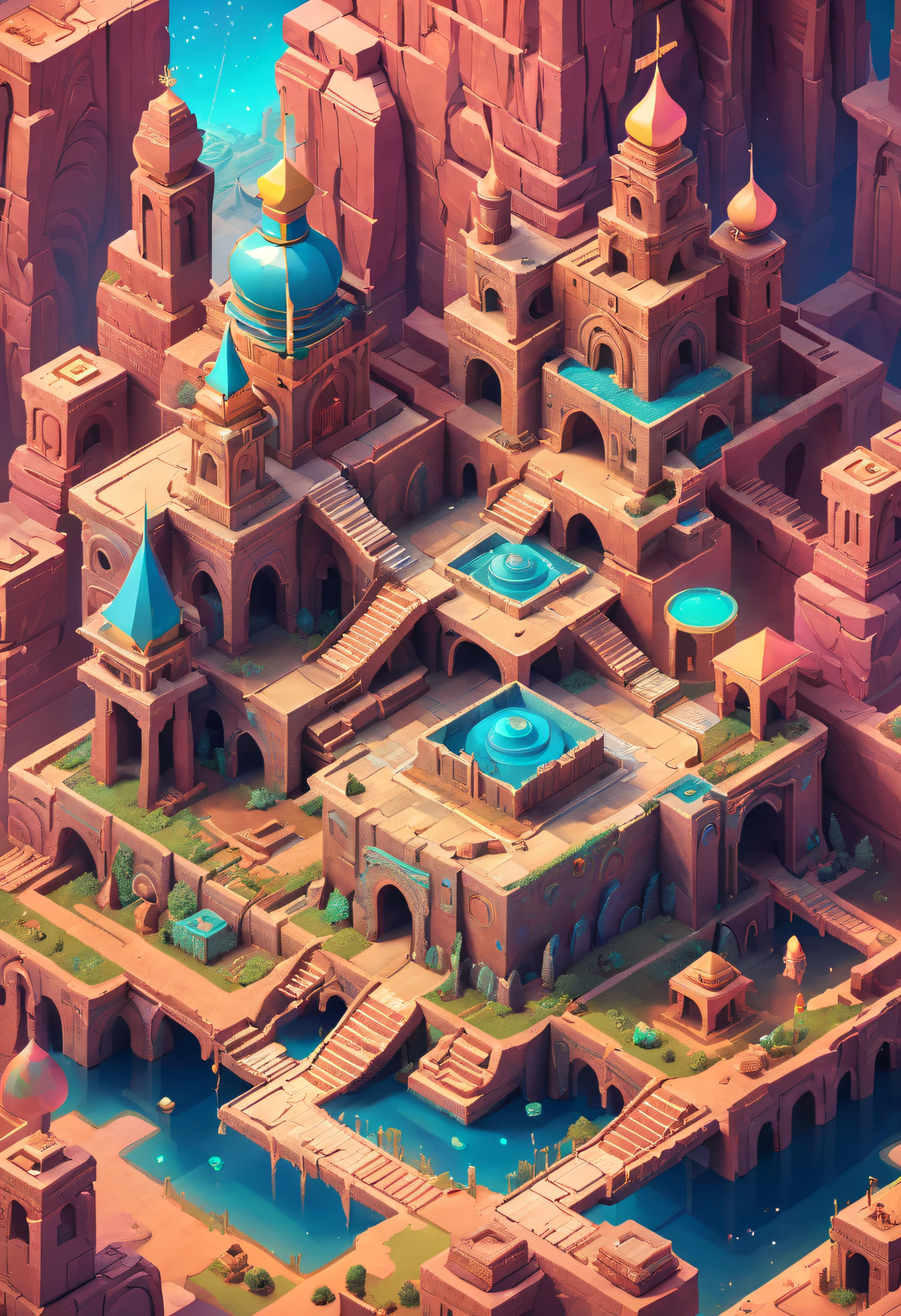 The princess searches for lost ancient treasures in Monument Valley，Monument Valley is a futuristic castle in the medieval style，There are a lot of stairs and mechanisms inside，Intricate staircase，Sparkling treasure，Monument Valley built with blocks，Pink space，Dreamy colors，absurderes，It's ridiculous，ultra-realistic realism，tmasterpiece，high qulity，UHD resolution，16k，realisticlying，Very realistic，Epic fairy tale fantasy，Epic futuristic fantasy，Epic surrealism，Monument Valley style, isometric game art, detailed game art illustration, Isometric art, Isometric 3D game art, Neon ancient ruins, incredible isometric screenshot, Art Station Geometry, Detailed game art, isometric voxel art, beeple daily art,16k detailed digital art