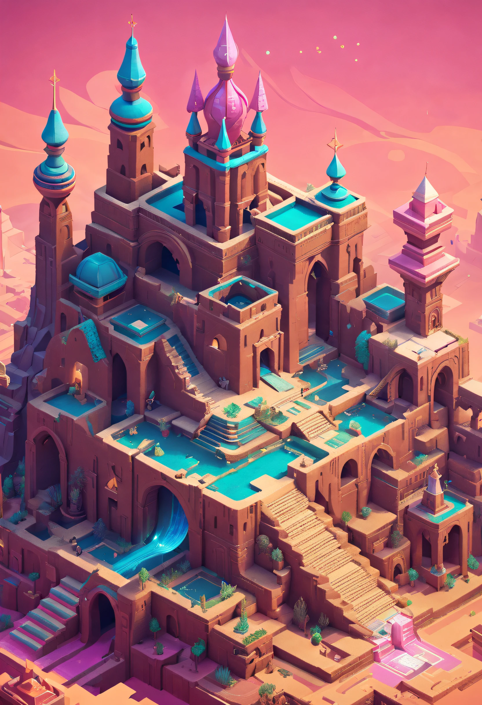 Die Prinzessin sucht im Monument Valley nach verlorenen antiken Schätzen，Monument Valley ist ein futuristisches Schloss im mittelalterlichen Stil，Es gibt viele Treppen und Mechanismen im Inneren，Komplizierte Treppe，Funkelnder Schatz，Monument Valley aus Bauklötzen gebaut，Rosa Raum，Verträumte Farben，absurderes，Es ist lächerlich，Ultrarealistischer Realismus，Meisterstück，hohe Qualität，UHD-Auflösung，16k，realistisch，Sehr realistisch，Epische Märchen-Fantasie，Epische futuristische Fantasie，Epischer Surrealismus，Monument Valley-Stil, isometrische Spielkunst, detaillierte Spielkunstillustration, Isometrische Kunst, Isometrische 3D-Spielgrafik, Neon-antike Ruinen, unglaublicher isometrischer Screenshot, Art Station Geometrie, Detaillierte Spielgrafik, isometrische Voxelkunst, Beeple tägliche Kunst,16K detaillierte digitale Kunst