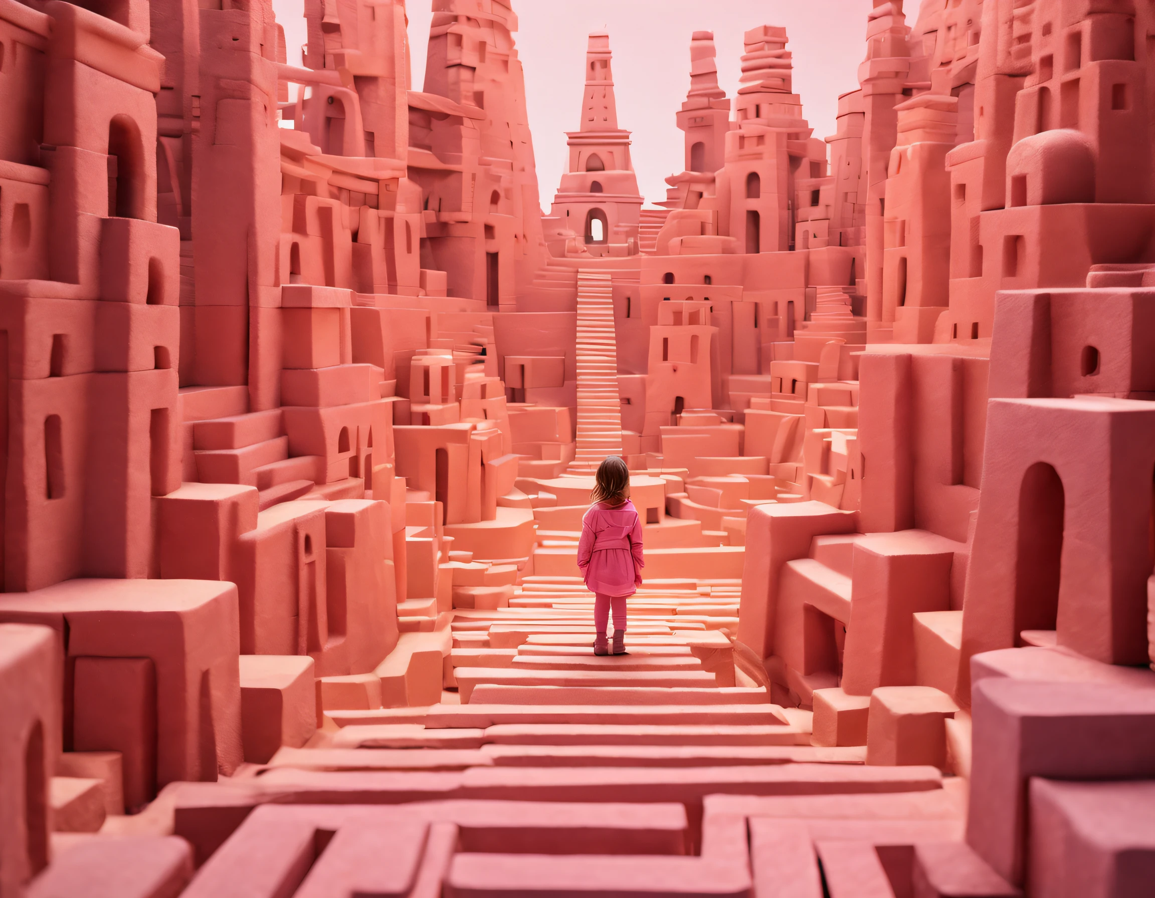 1Blittle girl，In Monument Valley，Labyrinth of magical castles，Little girl looking for lost treasure，Geometric space，Unordered regular three-dimensional pattern，Ancient totem poles，Tall monument，Intricate staircase,Pink space