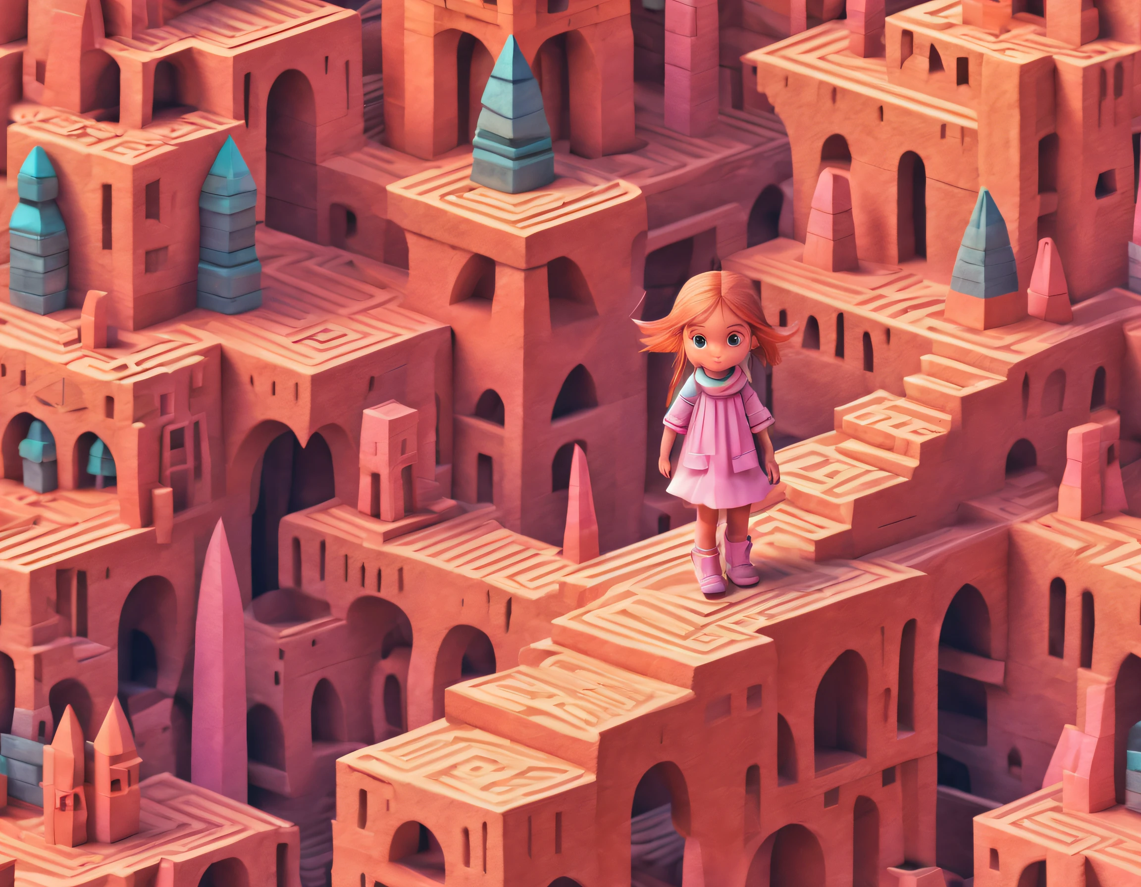 1Blittle girl，In Monument Valley，Labyrinth of magical castles，Little girl looking for lost treasure，Geometric space，Unordered regular three-dimensional pattern，Ancient totem poles，Tall monument，Intricate staircase,Pink space