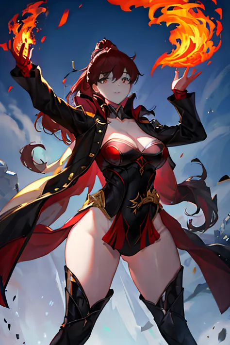 Solo female, Adult beautiful woman, red long hair, yellow eyes, glowing eyes, fire, ancient powers, controlls the fire, exotic, mysterious, confidant, measures 75-40-95, wears a black coat, has fire powers, small waist, confidant, long legs, big legs, big ...