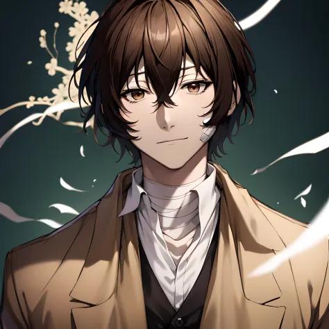 masutepiece, best quality, 超a high resolution, top-quality, anime style, dazai osamu, bandaged, coat, up of face