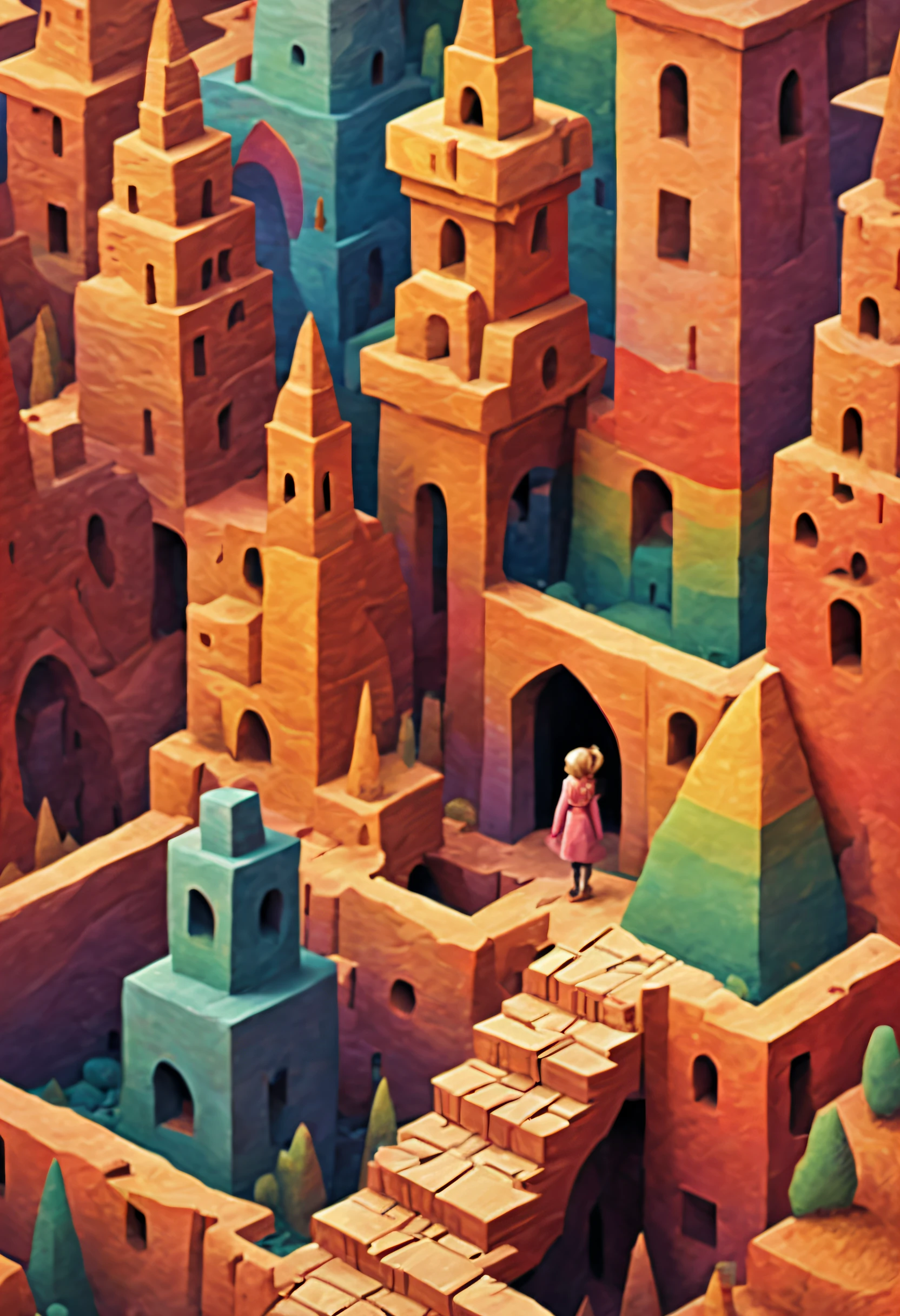 1Blittle girl，In Monument Valley，Labyrinth of magical castles，Little girl looking for lost treasure，Geometric space，Unordered regular three-dimensional pattern，Ancient totem poles，Tall monument，Intricate staircase,Space for the rainbow，fantasticcolors