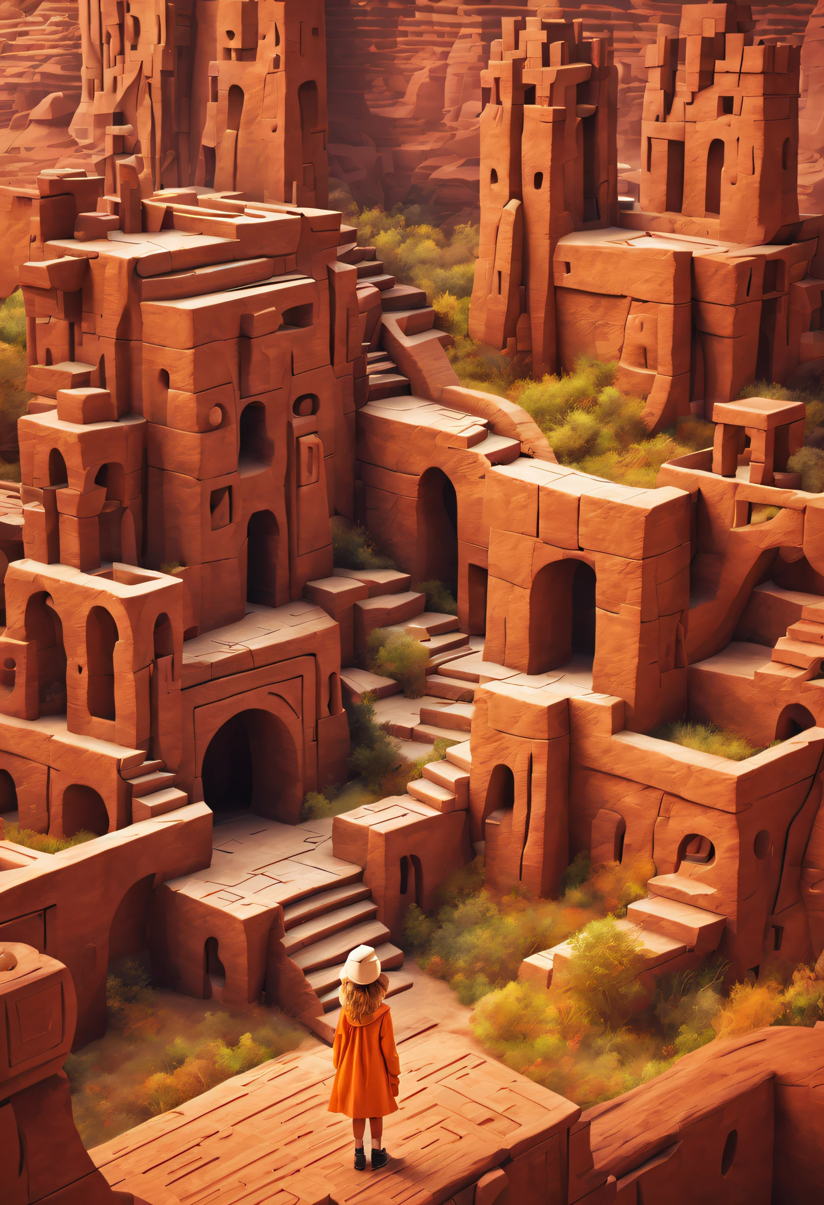 1Blittle girl，In Monument Valley，Labyrinth of magical castles， looking for lost treasure，Geometric space，Unordered regular three-dimensional pattern，Ancient totem poles，Tall monument，Intricate staircase