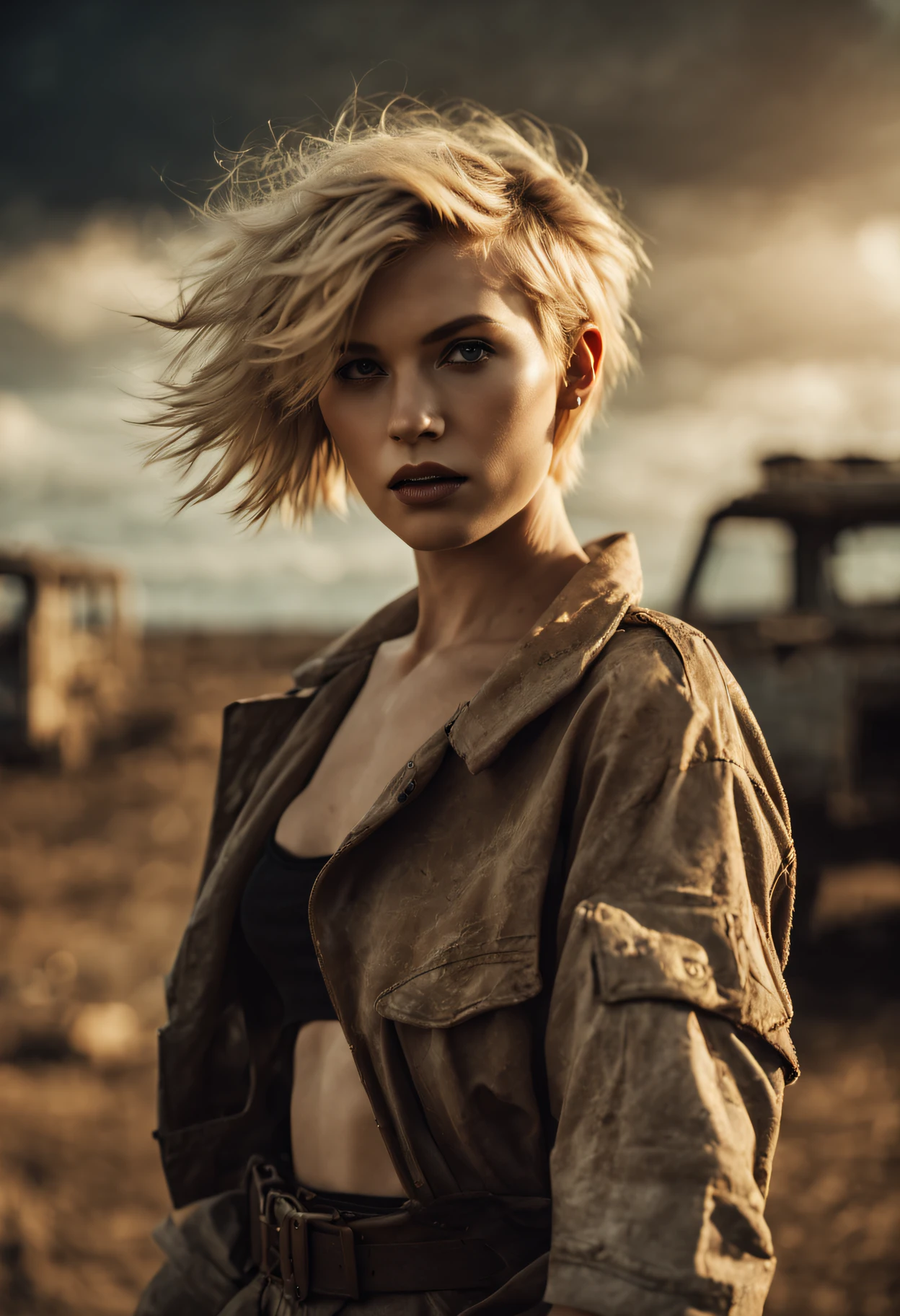 A woman with a very short blond hair standing in front of a truck - SeaArt  AI