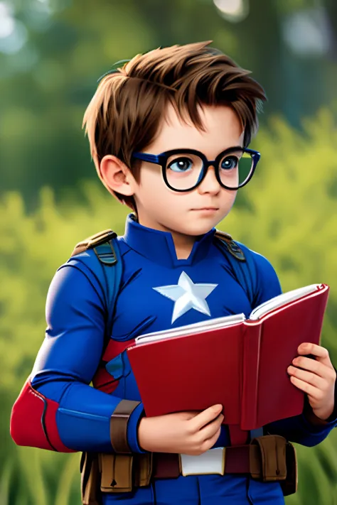 Teacher dressed as Captain America reading a book with glasses