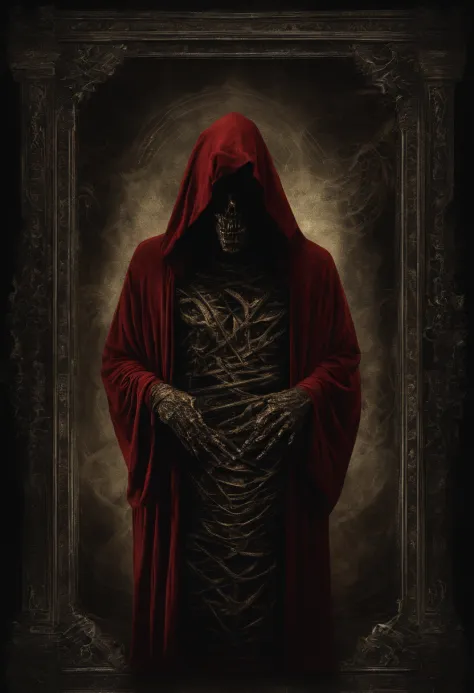 (dark), Photographic ambient lighting, A mummy wearing a red hooded robe worn with golden borders with magical writings, mummy with red hooded cloak, floating