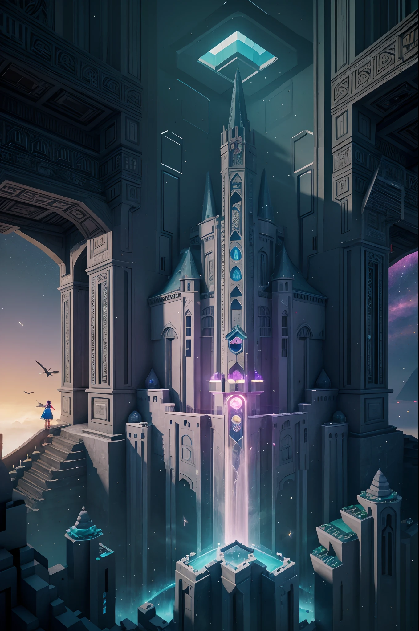 The White Crow Princess searches for the lost ancient crow AI in a mysterious space，Mystic Space is a futuristic castle in medieval style，There are a lot of stairs and mechanisms inside，Intricate staircase，Sparkling treasure，A castle built from blocks，Pink space，Dreamy colors，absurderes，It's ridiculous，ultra-realistic realism，tmasterpiece，high qulity，UHD resolution，16k，realisticlying，Very realistic，Epic fairy tale fantasy，Epic futuristic fantasy，Epic surrealism，Monument Valley style, isometric game art, detailed game art illustration, Isometric art, isometric 2 d game art, Neon ancient ruins, incredible isometric screenshot, Art Station Geometry, Detailed game art, isometric voxel art, beeple daily art, 4K detailed digital art