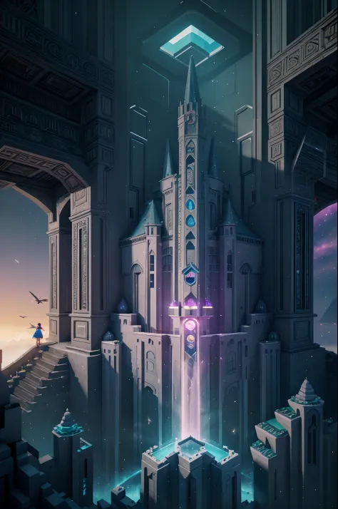 the white crow princess searches for the lost ancient crow ai in a mysterious space，mystic space is a futuristic castle in medie...