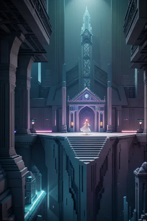 the white crow princess searches for the lost ancient crow ai in a mysterious space，mystic space is a futuristic castle in medie...