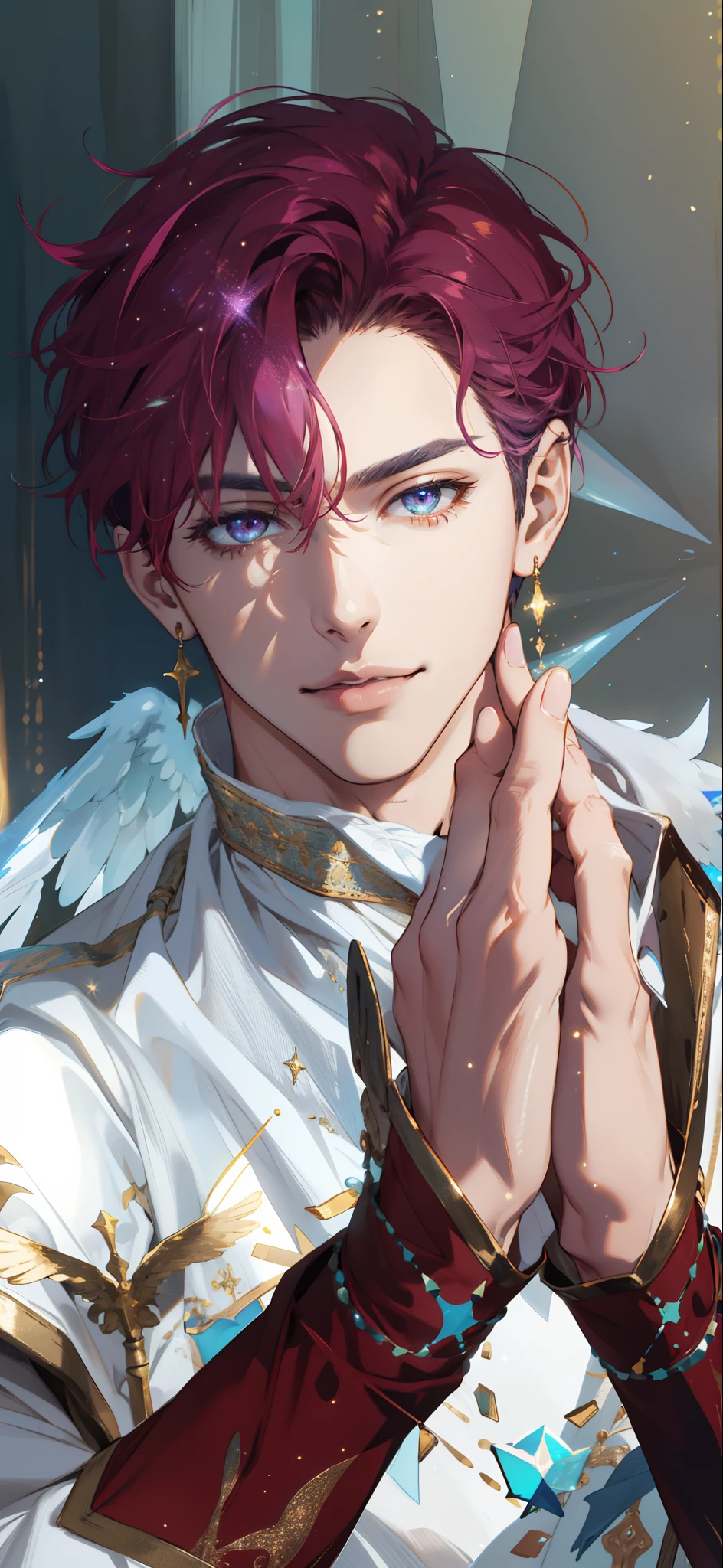(absurdres, highres, ultra detailed), 1 male, adult, handsome, tall muscular guy, broad shoulders, finely detailed eyes and detailed face, pastel color short hair, fantasy, complex pattern, detailed face, angel wings, lens flare, colorful, glow white particles, white robe, gold bracelets and accessories, prism, glowing, glitter, particles, bloom, likes to celebrate and have fun, enjoys nature, bright and optimistic outlook, creative and adventurous spirit, represents happiness and harmony