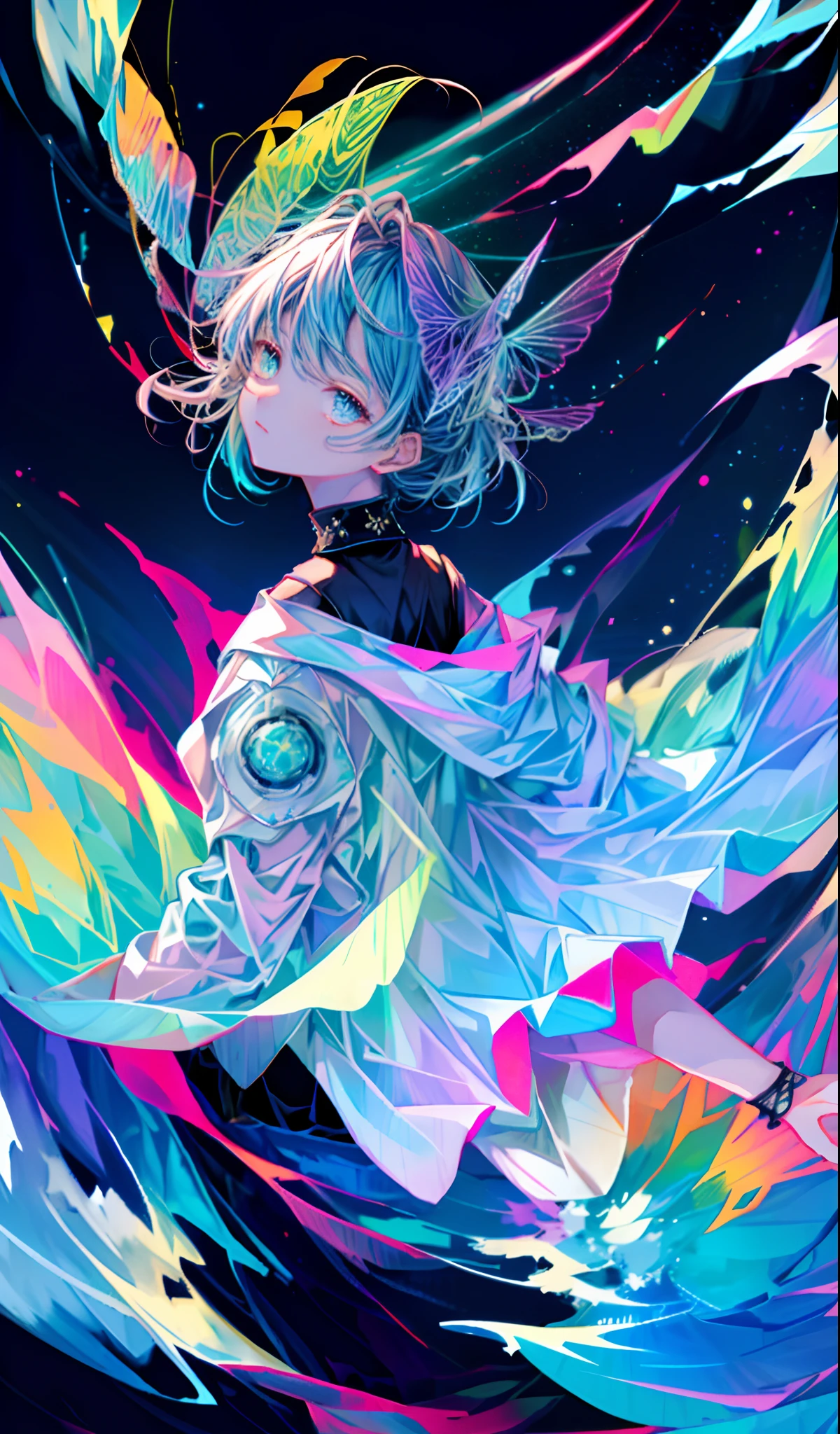 Cute iridescent round monster in space、Iridescent grass々Drawing a butterfly flying over the water, Looking up at the starry sky. Surround her with colorful nebulae and colorful forests.