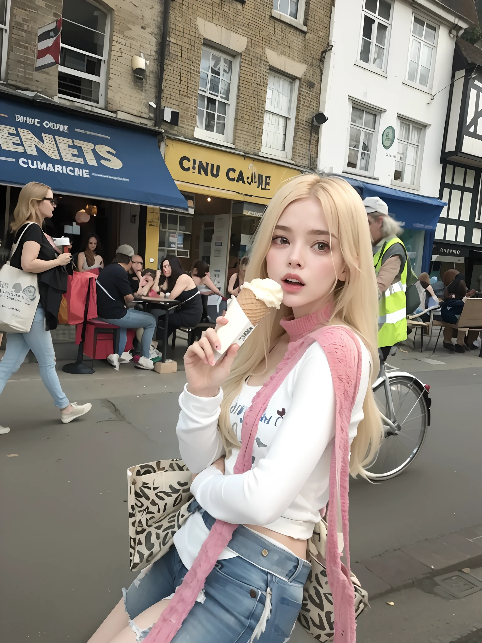 Blond woman eating ice cream on a city street with people walking by -  SeaArt AI