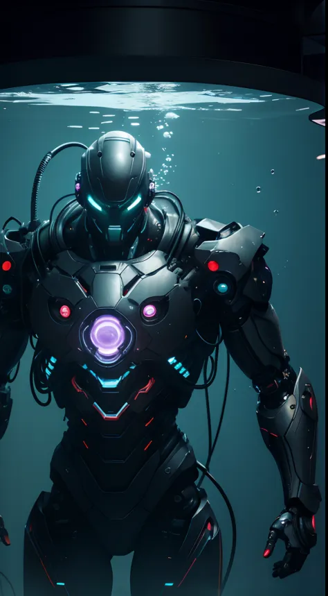 ((masterpiece)), ultra detailed cg render of a cyborg suspended by wires, male robot , (underwater:1.3), close up, machine man, mechanical arms, cyberpunk style, technological, dark, reflections, superficie scattering, 8k, badass, cinematic, glowing eyes,m...