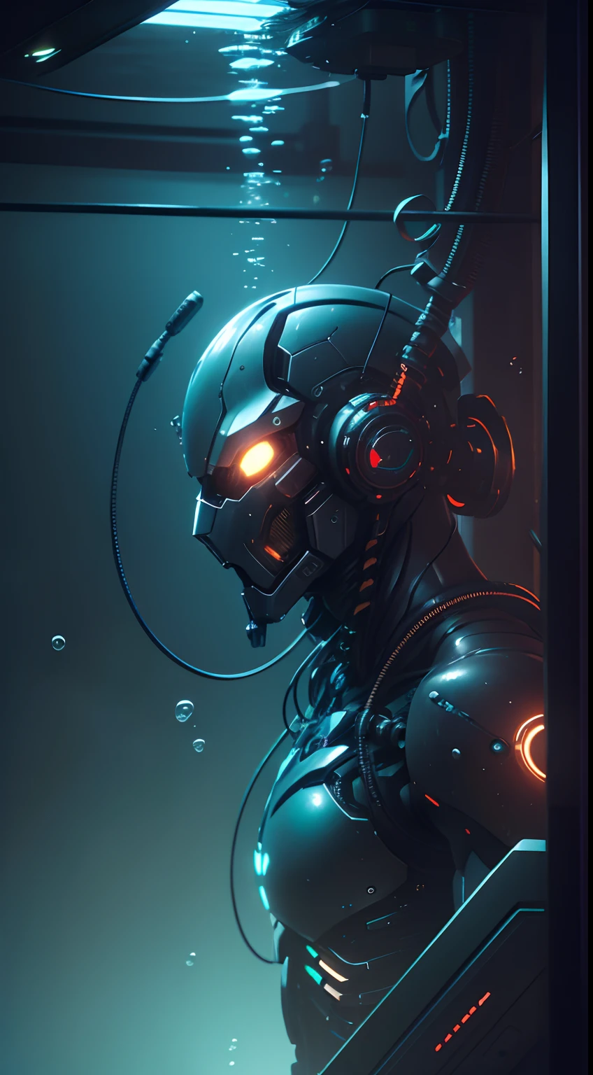 ((masterpiece)), ultra detailed cg render of a cyborg suspended by wires, male robot , (underwater:1.3), close up, machine man, mechanical arms, cyberpunk style, technological, dark, reflections, superficie scattering, 8k, badass, cinematic, glowing eyes,metal head, lights on the chest, wires, tubles, wires coming out the cyborg, neon lights, ominous atmosphere, bubbles, (intricate), UHD, finalelly detailed, high res, realistic, wallpaper, cybertech, dramatic lighting, a danger that awaits, artificial life,unethical, scary, horror. strong, cultivation tank, underwater,