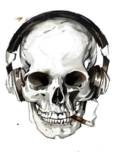 Skull with headphones, smoking cigar,